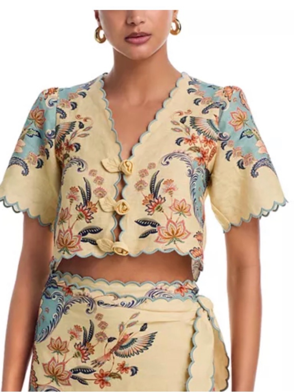 NWT FARM RIO BOHO BEAUTY CROPPED LINEN FLORAL TOP BUTTER YELLOW SZ S 4